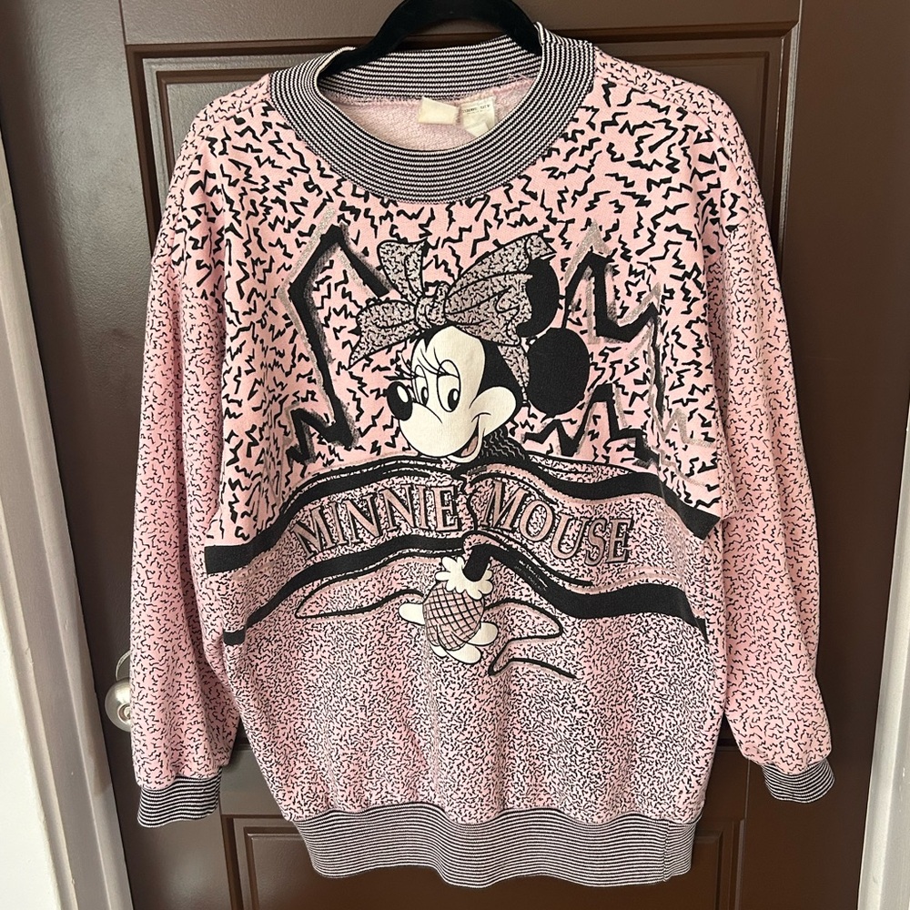 80s Vintage Disney Minnie Mouse Graphic Crewneck Sweater Pink & Black Grannycore